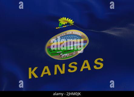 Stoff Hintergrund mit der Flagge von Kansas winken. Kansas ist ein Bundesstaat im Mittleren Westen der Vereinigten Staaten. Demokratie und Unabhängigkeit. Stockfoto