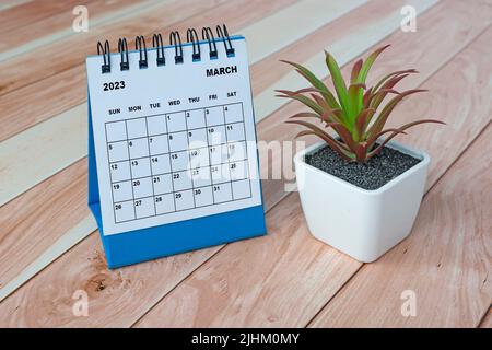 März 2023 Tischkalender auf Holztisch mit Topfpflanze. Stockfoto