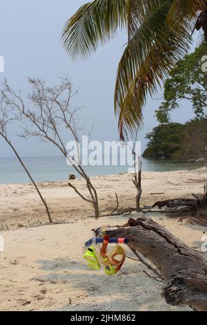 Gelbe und rote Tauchmaske auf einem Stück Treibholz auf einer Koralleninsel mit Palmen und goldenem Sand Stockfoto