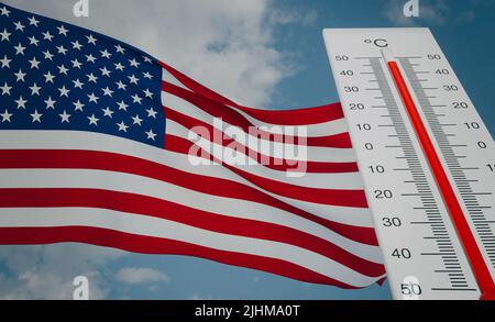 Hitzewelle in den USA, Thermometer vor Flagge USA und Himmelshintergrund, Hitzewelle in den USA, Gefahr extreme Hitze in den USA, 3D Arbeit und 3D Bild Stockfoto