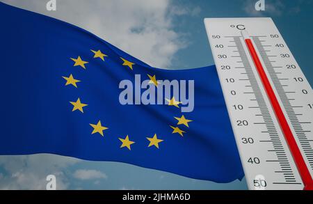 Hitzewelle in Europa, Thermometer vor Flagge Europa und Himmelshintergrund, Hitzewelle in Europa, Gefahr extreme Hitze in Europa, 3D Arbeit und 3D Bild Stockfoto