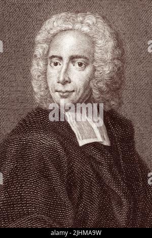 Isaac Watts (1674–1748), bekannt als der Vater der englischen Hymne, war ein Hymnschreiber, Gemeindeminister, Theologe und Logiker. Er war fruchtbar und beliebt als Liedermacher und wird mit etwa 750 Hymnen, darunter "When I Survey the Wondrous Cross", "Joy to the World" und "O God, Our Help in Ages Past", gutgeschrieben. Stockfoto