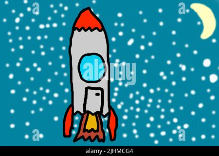 Rakete im Weltraum vor dem Hintergrund von Mond und Sternen. Kinderzeichnung. Hochwertige Fotos Stockfoto