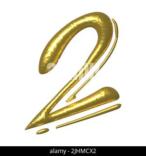 Golden glänzend einzigartige kalligraphische Zahl ZWEI 2 - 3D Abbildung Stockfoto