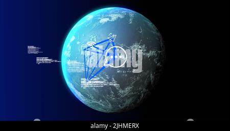 Bild von Globus, Formen und Datenverarbeitung auf marineblauem Hintergrund Stockfoto