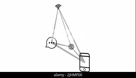 Bild von Smartphone und Verbindungen mit Tech-Symbolen auf weißem Hintergrund Stockfoto