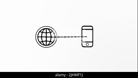 Bild von Smartphone und Verbindungen mit Tech-Symbolen auf weißem Hintergrund Stockfoto