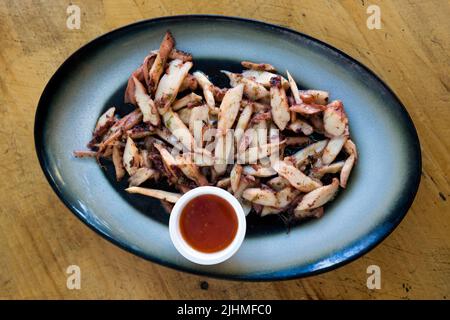 Köstliche bunte lokale Speisen gegrillter Tintenfisch in einem Burgas Restaurant. Traditionelle bulgarische Küche in Bulgarien. Stockfoto