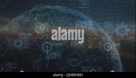 Bild der Datenverarbeitung und des Netzwerks von Verbindungen über den Globus Stockfoto