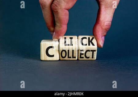 Klicken Sie auf das Symbol und sammeln Sie es. Konzeptwörter Klicken und sammeln Sie auf Holzwürfeln. Geschäftsmann Hand. Schöne graue Tabelle grauen Hintergrund. Klicken Sie auf und sammeln Sie ein Stockfoto