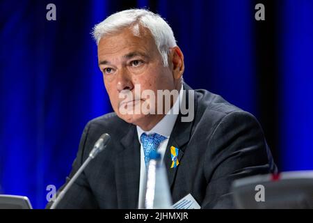 Krakau, Polen. 19.. Juli 2022. Dimitris DIMITRIADIS, Vorsitzender der Sektion für Außenbeziehungen, spricht während der Konferenz über den Hilfsdienst und den Wiederaufbau der Ukraine und ihre europäische Perspektive, die vom Europäischen Wirtschafts- und Sozialausschuss am 19. Juli im Kongresszentrum in Krakau, Polen, organisiert wurde. 2022.Ziel der Konferenz war es, die Strategien und Bedürfnisse der Ukraine im Hinblick auf den Wiederaufbau, insbesondere im Rahmen ihres EU-Beitrittsantrags, zu erörtern. (Foto von Dominika Zarzycka/Sipa USA) Quelle: SIPA USA/Alamy Live News Stockfoto