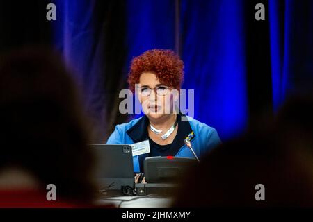 Krakau, Polen. 19.. Juli 2022. Frau Christa SCHWENG, EWSA-Präsidentin, spricht während der Konferenz über Hilfe und Wiederaufbau der Ukraine und ihre europäische Perspektive, die vom Europäischen Wirtschafts- und Sozialausschuss am 19. Juli 2022 im polnischen Kongresszentrum in Krakau organisiert wurde. Insbesondere im Zusammenhang mit dem EU-Beitrittsantrag. (Foto von Dominika Zarzycka/Sipa USA) Quelle: SIPA USA/Alamy Live News Stockfoto