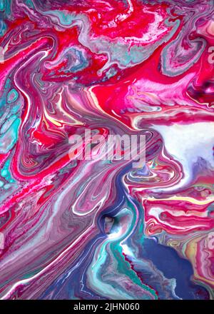 Flüssige Acrylstruktur. Kreative abstrakte handbemalte Hintergrund, Marmor-Textur. Psychedelischer Kunst. Rot, blau und weiß. Spritzer, verschwommene Flecken Stockfoto