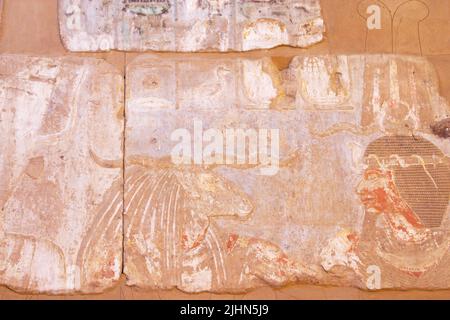 Detail der Hieroglyphen. Tempel von Satis (Satet) auf der Nilinsel Elephantine in der Nähe von Assuan in Ägypten. Stockfoto