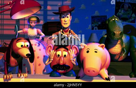 Schleichend, BO PEEP, HERR KARTOFFELKOPF, holzig, HAMM, REX, Toy Story, 1995 Stockfoto