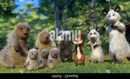 LOU, BUCKY, SPIKE, QUILLO, PENNY, STELLA, HAMMY, HEATHER, OZZIE, ÜBER DER HECKE, 2006 Stockfoto