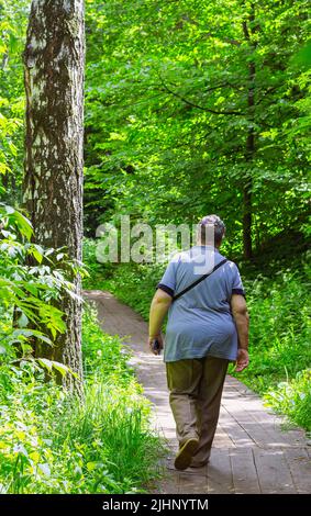 Ältere Frau zu Fuß Holzweg im Wald, im Freien auf erstaunliche verschwommene Sommer Waldlandschaft Hintergrund. Rückansicht der aktiven Erholung des Rentners Stockfoto