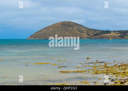 Der Bluff am Rosetta Head, gesehen über die Encounter Bay in Victor Harbor in Südaustralien. Stockfoto