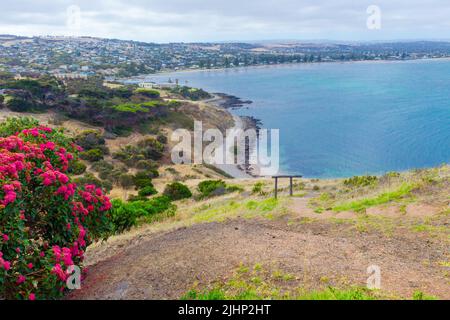 Victor Harbor und Encounter Bay von der Klippe am Rosetta Headland in Südaustralien aus gesehen. Stockfoto