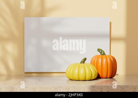 Leeres Papier mit gelben und orangen Kürbissen Happy Thahksgiving Schablone 3D Render. Stockfoto