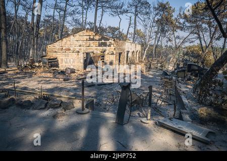 Les Flots Bleus campsitesouth, Frankreich, 19. Juli 2022, Yelloh! Village Panorama du Pyla Campingplatz am 19. Juli 2022, Südwestfrankreich. Im Département Gironde im Südwesten Frankreichs brennen seit einer Woche zwei Waldbrände, und insgesamt wurden 37.000 Menschen aus der Region evakuiert. Eines der Feuer hat die Küste der Dune du Pilat erreicht, Europas höchste Sanddüne, die auch ein beliebter Ort zum Campen ist. Mindestens fünf Campingplätze in der Nähe der Düne werden laut dem örtlichen Präfekten „zu 90 Prozent zerstört“. Foto von Clement Viala/infobassin.com/ABACAPRESS.COM Stockfoto