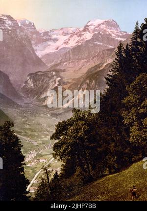 Linth Valley und Mount Tödi, Linthal, Glarus, Schweiz 1890. Stockfoto