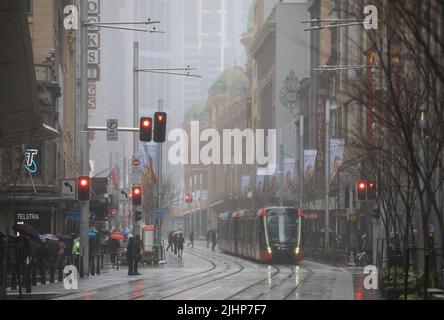 Sydney, Australien - 19. Juli 2022. An einem düsteren Wintertag in der Innenstadt von Sydney nähert sich eine Stadtbahn der Ampel an der George Street. Stockfoto