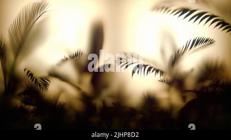 Verschwommene tropische Blätter hinter Milchglas. Glasmorphismus. Tropischer Blatthintergrund. 3D Abbildung. Stockfoto