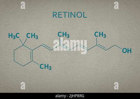 Vitamin A. Retinol 3D Molekül auf Papier Textur Hintergrund. Skelettformel von Vitamin a. Versenkter Text in grün und gelb Stockfoto