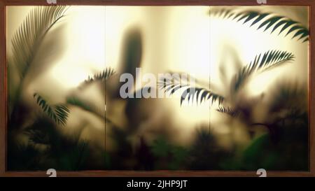 Verschwommene tropische Blätter hinter Milchglas. Glasmorphismus. Tropischer Blatthintergrund. 3D Abbildung. Stockfoto