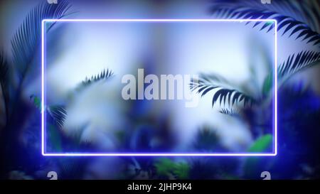 Verschwommene tropische Blätter hinter Milchglas. Grüne Blätter mit Leuchtrahmen aus Neon. Glasmorphismus. Tropischer Blatthintergrund. 3D Abbildung. Stockfoto