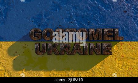Die Inschrift in rostigen Buchstaben Gostomel Ukraine auf der ukrainischen Flagge. Russische Aggression 3D renering Stockfoto