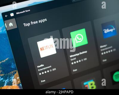 Galati, Rumänien - 19. Juni 2022: Microsoft Store Windows 11 die besten kostenlosen Apps für Juli 2022 Stockfoto