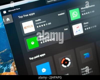 Galati, Rumänien - 19. Juni 2022: Microsoft Store Windows 11 die besten kostenlosen Apps für Juli 2022 Stockfoto