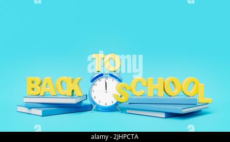 3D Illustration der gelben Back to School Inschrift auf Bücherstapel und Wecker vor blauem Hintergrund Stockfoto