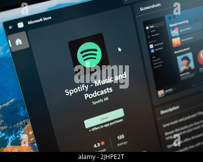 Galati, Rumänien – 19. Juni 2022: Spotify-Anwendung im Microsoft Store für Windows 11 verfügbar Stockfoto