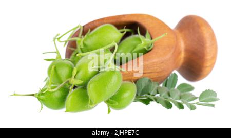 Grüne Kichererbsen in Holzlöffel, isoliert auf weißem Hintergrund. Kichererbsen in der Hülse mit grünen Blättern. Cicer arietinum. Beschneidungspfad Stockfoto