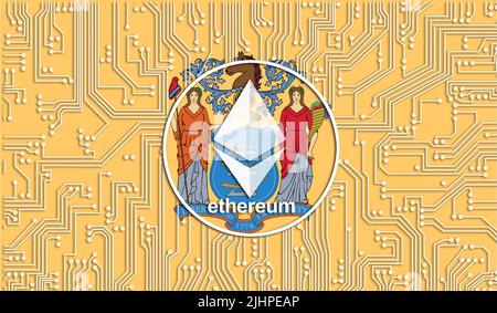 Flagge von New Jersey, USA und ethereum-Münze, integriertes Leiterplattenmuster. Ethereum-Aktienwachstum. Konzeptionelles Image für Investoren in Kryptowährung A Stockfoto