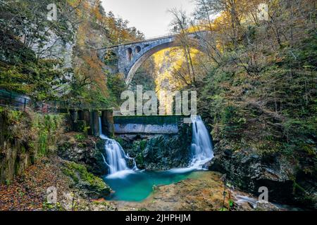 Wunderschöne Herbstszene. Die Herbstfarben sehen in den tiefen Wäldern toll aus. Blick auf einen Wasserfall im Herbst. Die Herbstfarben verleihen dem Wald eine erstaunliche Schönheit Stockfoto