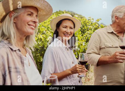 Eine Gruppe von Freunden, die Weingläser auf einem Weinberg halten. Glückliche Gruppe von Menschen, die während der Weinprobe auf dem Bauernhof zusammen stehen und sich verbinden Stockfoto