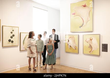 Ihre Königlichen Hoheiten Prinz Joachim von Dänemark, Prinzessin Marie von Dänemark in Anwesenheit ihrer Kinder Prinzessin Athene von Dänemark, Prinz Henrik von Dänemark und Prinz Felix von Dänemark nehmen am Ludothèque 15. Juli 2022 in Cahors, Frankreich, an der Eröffnung der Ausstellung der Werke Ihrer Majestät Königin Margrethe von Dänemark Teil. Foto von David Niviere/ABACAPRESS.COM Stockfoto