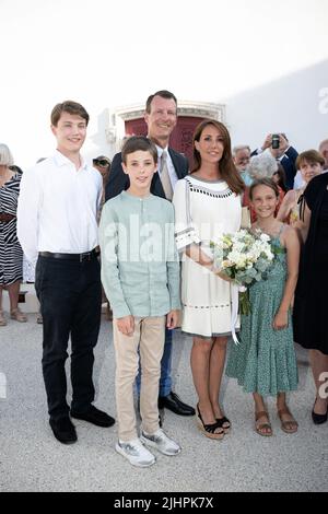 Ihre Königlichen Hoheiten Prinz Joachim von Dänemark, Prinzessin Marie von Dänemark in Anwesenheit ihrer Kinder Prinzessin Athene von Dänemark, Prinz Henrik von Dänemark und Prinz Felix von Dänemark nehmen am Ludothèque 15. Juli 2022 in Cahors, Frankreich, an der Eröffnung der Ausstellung der Werke Ihrer Majestät Königin Margrethe von Dänemark Teil. Foto von David Niviere/ABACAPRESS.COM Stockfoto