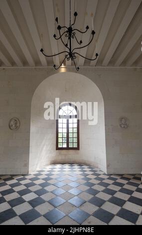 Fenster mit Blick auf den Fluss Cher in der Medici-Galerie im Chateau de Chenonceau im Loire-Tal, Zentralfrankreich. Stockfoto