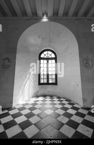 Fenster mit Blick auf den Fluss Cher in der Medici-Galerie im Chateau de Chenonceau im Loire-Tal, Zentralfrankreich. Stockfoto