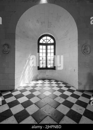 Fenster mit Blick auf den Fluss Cher in der Medici-Galerie im Chateau de Chenonceau im Loire-Tal, Zentralfrankreich. Stockfoto