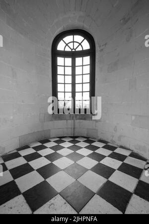 Fenster mit Blick auf den Fluss Cher in der Medici-Galerie im Chateau de Chenonceau im Loire-Tal, Zentralfrankreich. Stockfoto