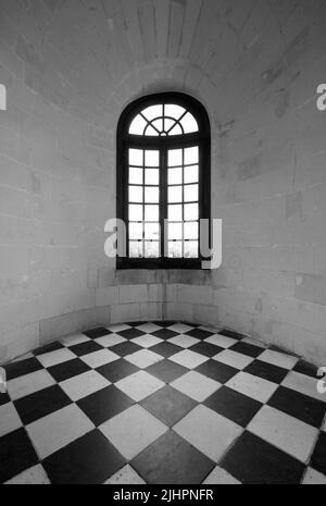 Fenster mit Blick auf den Fluss Cher in der Medici-Galerie im Chateau de Chenonceau im Loire-Tal, Zentralfrankreich. Stockfoto