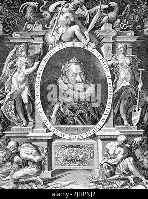 Rudolf II (Geboren 18. Juli 1552, gestorben 20. Januar 1612) war Kaiser des Heiligen Römischen Reichs (1576-1612), König von Böhmen (1576-1611) sowie König von Ungarn und Erzherzog von Österreich (1576-1608) / Maximilian II. (Geboren am 31. Juli 1527, gestorben am 12. Oktober 1576), war Kaiser des Heiligen Römischen Reiches und Erzherzog von Österreich von 1564 bis 1576, Historisch, digital restaurierte Reproduktion einer Originalvorlage aus dem 19. Jahrhundert, das Originaldatum nicht bekannt, Stockfoto