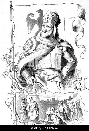 Friedrich I., genannt Barbarossa (geboren um 1122, gestorben 10. Juni 1190), aus dem Adelsgeschlecht der Staufer Krieg von 1147 bis 1152 als Friedrich III. Herzog von Schwaben, von 1152 bis 1190 römisch-deutscher König und von 1155 bis 1190 Kaiser des römisch-deutschen Reiches / Friedrich I., genannt Barbarossa (geb. 1122, gestorben am 10. Juni 1190), aus der Adelsfamilie der Staufer, war von 1147 bis 1152 Herzog von Schwaben als Friedrich III. Herzog von Schwaben, römisch-deutscher König von 1152 bis 1190 und Kaiser des Römisch-Deutschen Reiches von 1155 bis 1190, Historisch, digital restaurierte Produktion Stockfoto