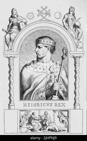 Heinrich IV (Geboren 11. November 1050, gestorben 7. August 1106) aus der Familie der Salier war der älteste Sohn des Kaisers Heinrich III. Und der Kaiserin Agnes. Ab 1053 war er Mitkönig, ab 1056 römisch-deutscher König und von 1084 bis zu seiner erzwungenen Abdankung am 31. Dezember 1105 Kaiser / Heinrich IV. (Geboren am 11. November 1050, gestorben am 7. August 1106) aus der Familie Salian war der älteste Sohn von Kaiser Heinrich III. Und Kaiserin Agnes. Er war ab 1053 Co-König, ab 1056 römisch-deutscher König und ab 1084 Kaiser bis zu seiner erzwungenen Abdankung am 31. Dezember 1105, historisch, digital restaurierte Stockfoto